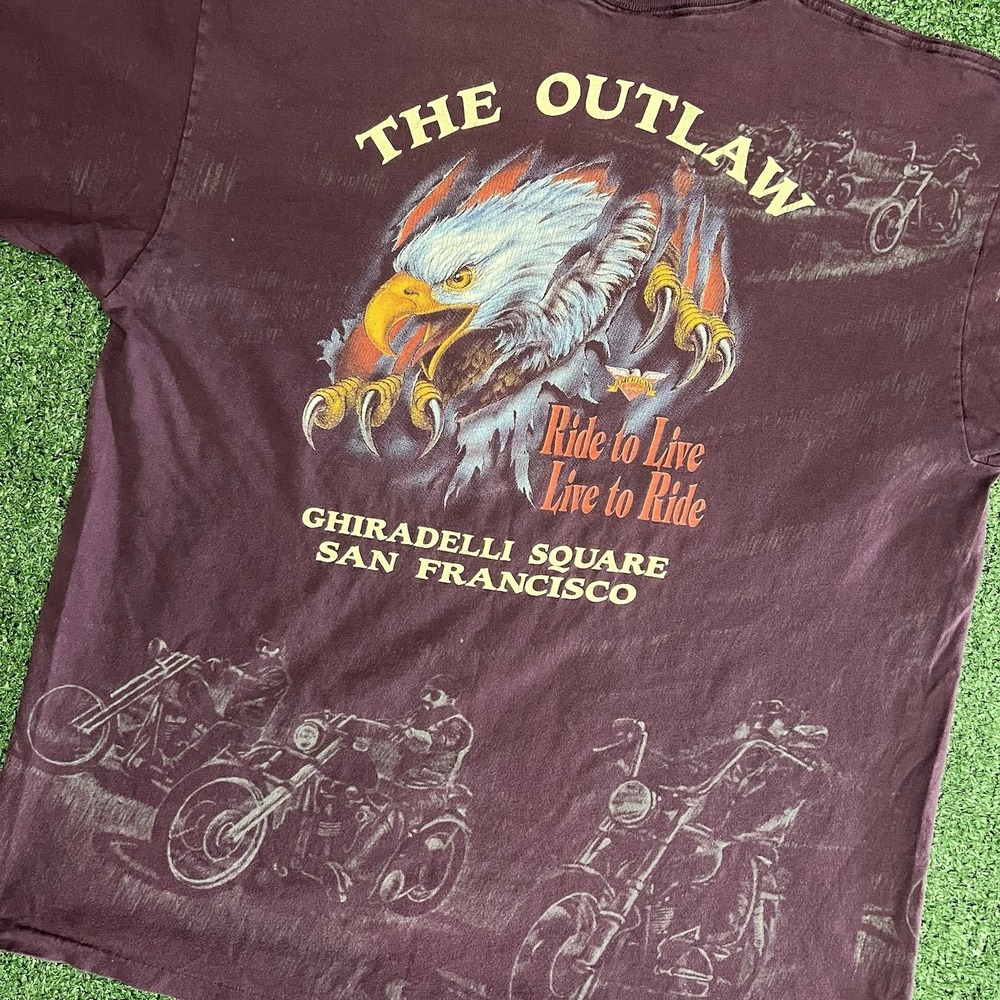 Vintage 90s 3D Emblem The Outlaw T Shirt XL Skull Roses Eagle Motorcycle AOP